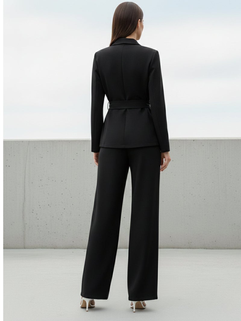 OUTZIDR Black Full Sleeve Belted Detail Top And Pant Set - Image 4